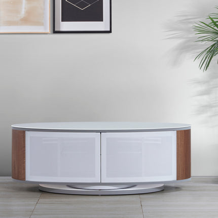 MDA Designs LUNA Gloss White Oval Cabinet with Walnut Profiles White BeamThru Glass Doors Suitable for Flat Screen TVs up to 50"