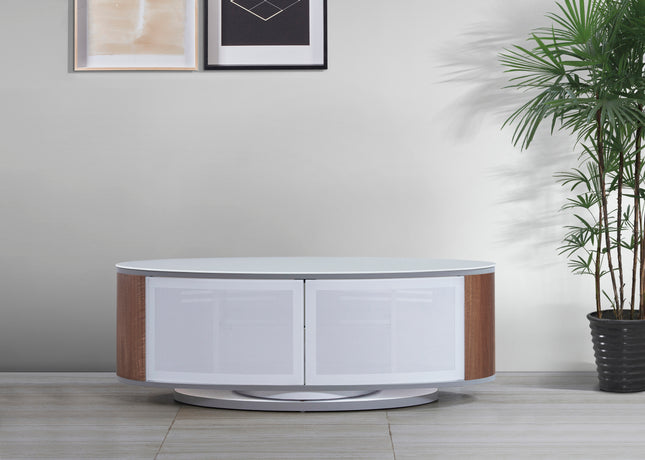 MDA Designs LUNA Gloss White Oval Cabinet with Walnut Profiles White BeamThru Glass Doors Suitable for Flat Screen TVs up to 50"