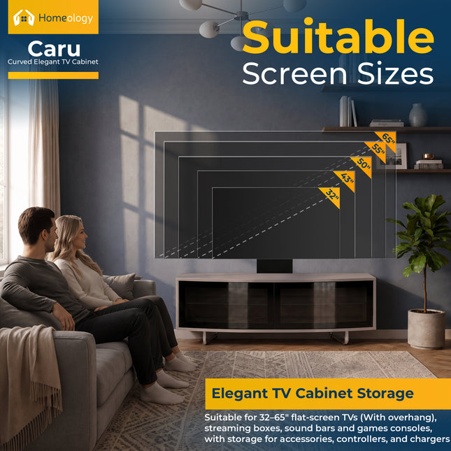 Homeology CARU Black Greige Beam-Thru Remote Friendly Super-Contemporary D Shape Design 32"-65" LED/OLED/LCD TV Cabinet with Mounting Arm