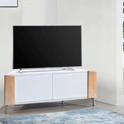 MDA Designs CORVUS Corner-Friendly Gloss White Contemporary Cabinet with Oak Profiles White BeamThru Glass Doors Suitable for Flat Screen TVs up to 50"