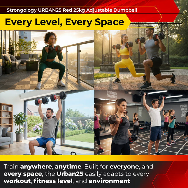 Strongology Urban25 Single Home Fitness Black Red Adjustable Smart Dumbbell from 2.5kg up to 25kg Training Weights