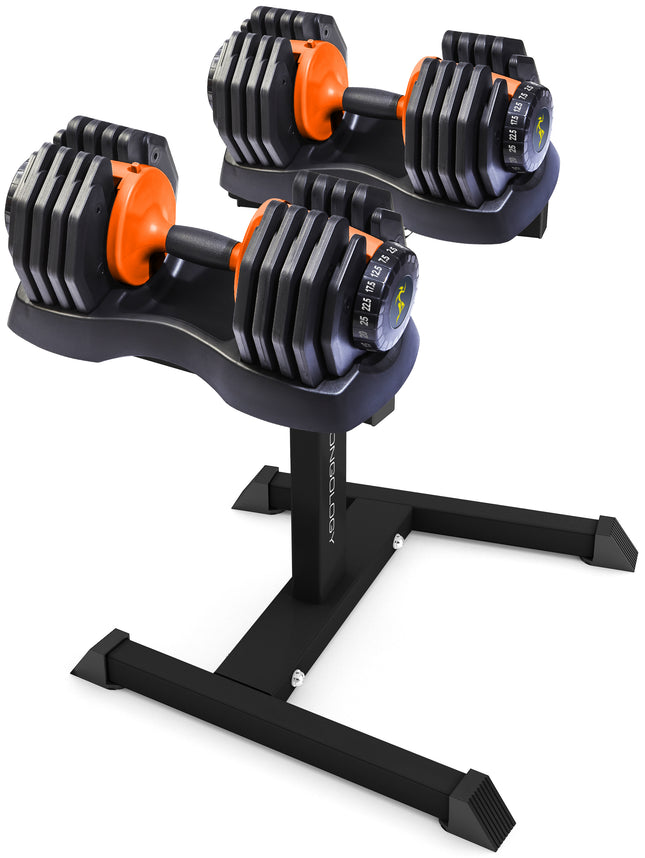 Strongology Urban25 Orange Adjustable Dumbbell Pair with Free Durable Steel Adjustable Urban25 Dumbbell Floor Stand
