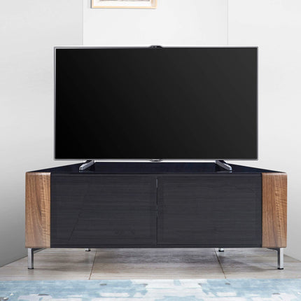 MDA Designs CORVUS Corner-Friendly Gloss Black Contemporary Cabinet with Walnut Profiles Black BeamThru Glass Doors Suitable for Flat Screen TVs up to 50" - Grade A