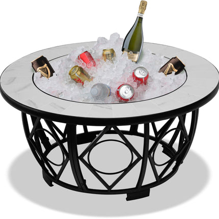 Centurion Supports NAVARO Premium Multi-Functional 360° Garden & Patio Round Fire Pit, Brazier, Coffee Table, Barbecue and Ice Bucket with White Ceramic Tiles - Grade A