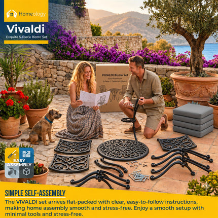 Homeology VIVALDI Black 5-Piece Cast Aluminium Garden Bistro Set - Rust-Proof Round Table with Parasol Hole & 4 Large Armchairs - with Grey Cushions