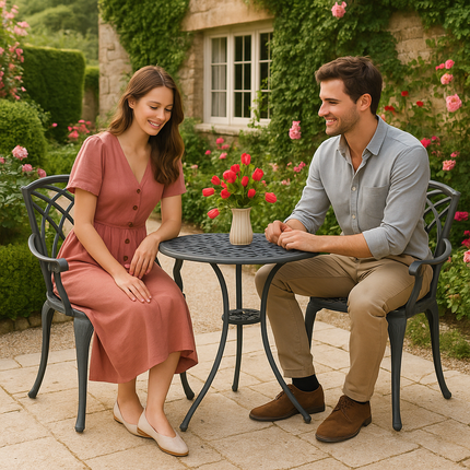 Centurion Supports OSHOWA Luxurious Garden and Patio Table and 2 Large Chairs with Armrests Cast Aluminium Bistro Set Grey