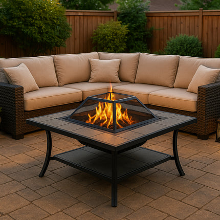Centurion Supports SHANGO Premium Multi-Functional Black with Ceramic Tiles Outdoor Garden and Patio Square Heater Fire Pit Brazier and Outdoor Table