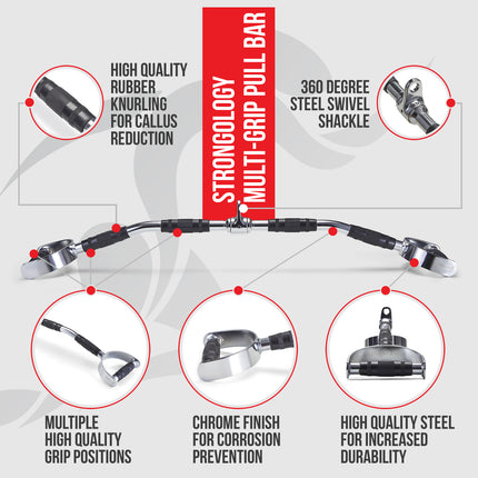 Strongology 100cm LAT BAR ATTACHMENT Multiple Triple Rubber Grips Target Multiple Areas Heavy Duty Gym Cable Pull Bar