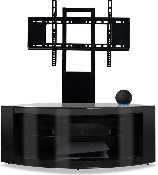 Centurion Supports PANGEA Gloss Black Beam-Thru Curved True-Corner 32"-50" TV Cabinet with Mounting Arm