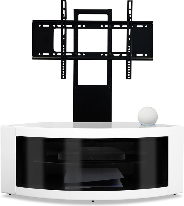 Centurion Supports PANGEA Black/White Beam-Thru Curved True-Corner 32"-50" TV Cabinet with Mounting Arm