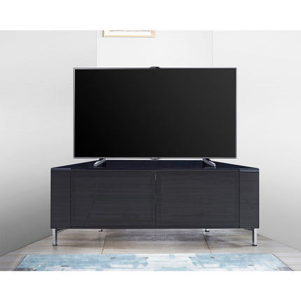 MDA Designs CORVUS Corner-Friendly Gloss Black Contemporary Cabinet with Black Profiles Black BeamThru Glass Doors Suitable for Flat Screen TVs up to 50" - Grade A