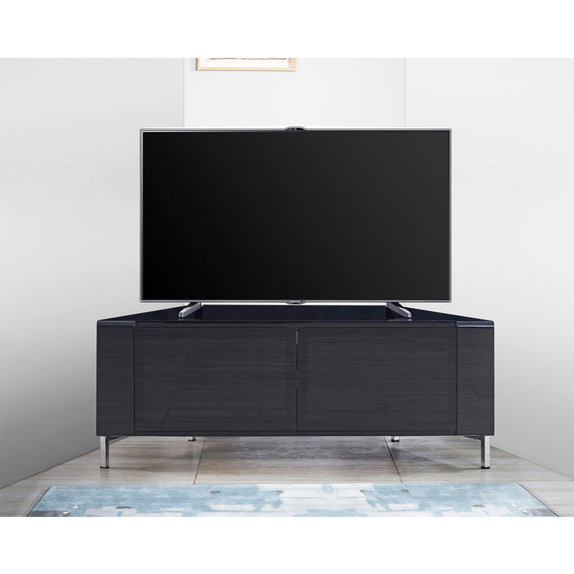 MDA Designs CORVUS Corner-Friendly Gloss Black Contemporary Cabinet with Black Profiles Black BeamThru Glass Doors Suitable for Flat Screen TVs up to 50" - Grade A