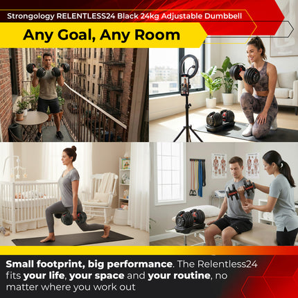 Strongology RELENTLESS24 Home Fitness Pair Adjustable Smart Dumbbell from 2.5kg up to 24kg Training Weights