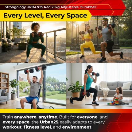 Strongology URBAN25 Red Adjustable Dumbbell Pair | 2.5kg to 25kg Quick-Select Weight | 10-in-1 Space-Saving Design | Soft-Grip Handle | Secure Plate-Locking System | Home Gym Strength Training Workouts