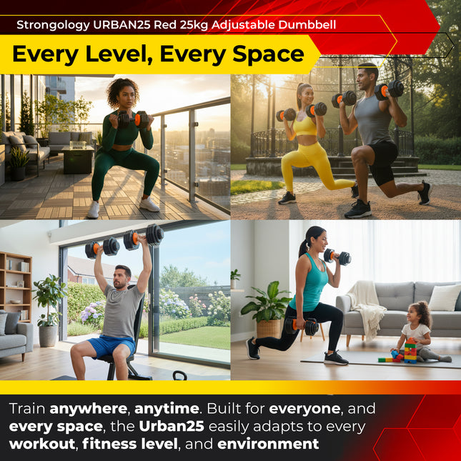 Strongology URBAN25 Orange Adjustable Single Dumbbell | 2.5kg to 25kg Quick-Select Weight | 10-in-1 Space-Saving Design | Soft-Grip Handle | Secure Plate-Locking System | Home Gym Strength Training Workouts
