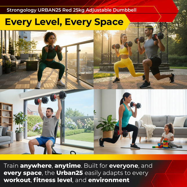 Strongology URBAN25 Red Adjustable Single Dumbbell | 2.5kg to 25kg Quick-Select Weight | 10-in-1 Space-Saving Design | Soft-Grip Handle | Secure Plate-Locking System | Home Gym Strength Training Workouts