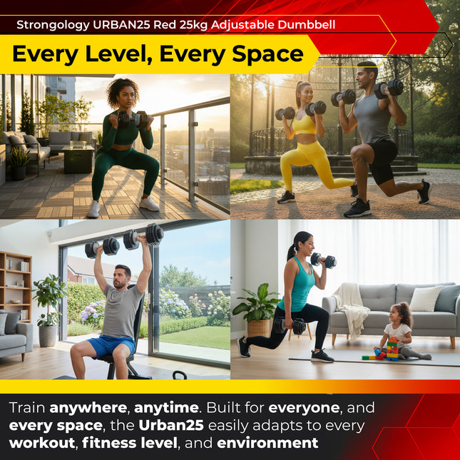 Strongology URBAN25 Grey Adjustable Single Dumbbell | 2.5kg to 25kg Quick-Select Weight | 10-in-1 Space-Saving Design | Soft-Grip Handle | Secure Plate-Locking System | Home Gym Strength Training Workouts