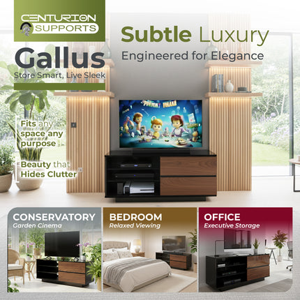 Centurion Supports Gallus Gloss Black with 2-Walnut Drawers and 3-Shelf 32"-55" LED/LCD/Plasma Cabinet TV Stand