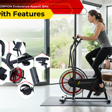 Strongology SCORPION Assault Bike – Compact Home Fitness Stationary Bike for Full Body Workouts with Smooth Fan Resistance and LCD Display