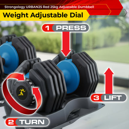 Strongology URBAN25 Blue Adjustable Single Dumbbell | 2.5kg to 25kg Quick-Select Weight | 10-in-1 Space-Saving Design | Soft-Grip Handle | Secure Plate-Locking System | Home Gym Strength Training Workouts