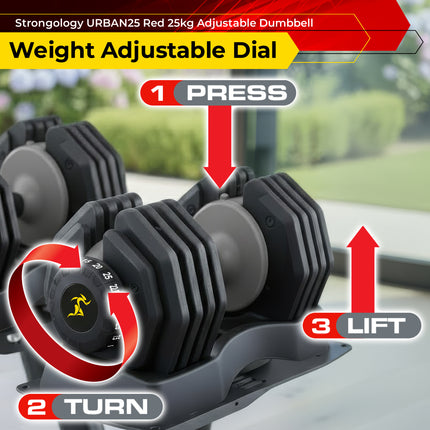 Strongology URBAN25 Grey Adjustable Single Dumbbell | 2.5kg to 25kg Quick-Select Weight | 10-in-1 Space-Saving Design | Soft-Grip Handle | Secure Plate-Locking System | Home Gym Strength Training Workouts