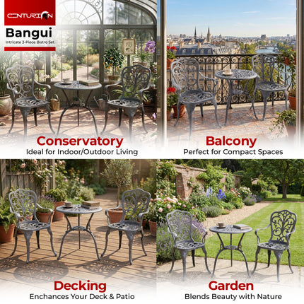 Centurion BANGUI 3 Piece Cast Aluminium Garden Bistro Set – Rust-Proof Outdoor Patio Table with Parasol Hole & 2 Large Chairs – Spanish Style Garden Furniture for Patio, Balcony & Conservatory – Grey