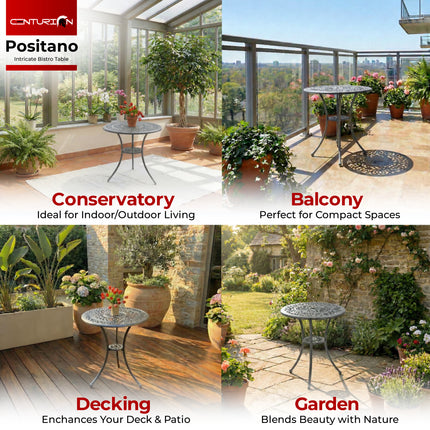 Centurion POSITANO 3-Piece Cast Aluminium Garden Bistro Table with Parasol Hole and 2 Armchairs, Victorian Style Outdoor Furniture for Patio, Balcony, Terrace or Conservatory in Grey