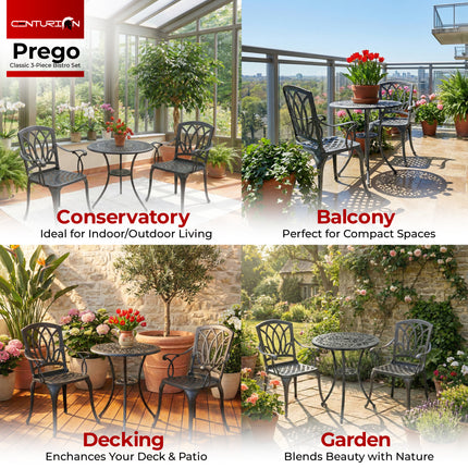 Centurion Supports POSITANO Luxurious Garden and Patio Table and 2 Large Chairs with Armrests Cast Aluminium Bistro Set - Grey