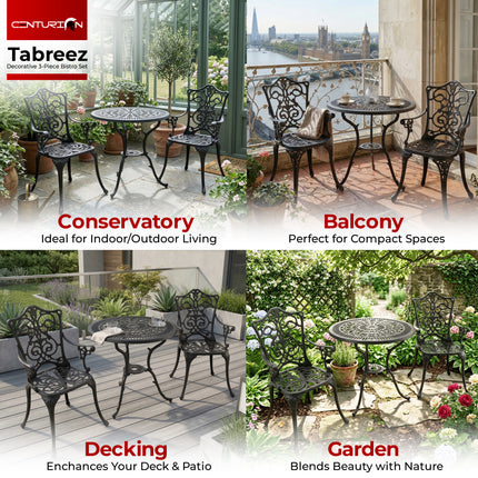 Centurion TABREEZ 3-Piece Bistro Set Garden Furniture, Cast Aluminium Outdoor Patio Set, Metal Garden Furniture, Rust-Proof Table & 2 Chairs, Bistro Set, Black