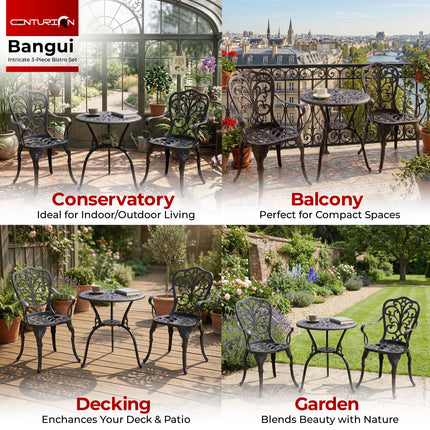 Centurion BANGUI 3 Piece Cast Aluminium Garden Bistro Set – Rust-Proof Outdoor Patio Table with Parasol Hole & 2 Large Chairs – Spanish Style Garden Furniture for Patio, Balcony & Conservatory – Black