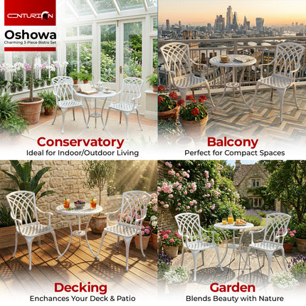 Homeology OSHOWA 3-Piece Cast Aluminium Bistro Set – Rust-Proof Round Table & 2 High-Backed Armchairs – Timeless French-Style Interlocking Lattice Basketweave Design – White Outdoor Patio Furniture