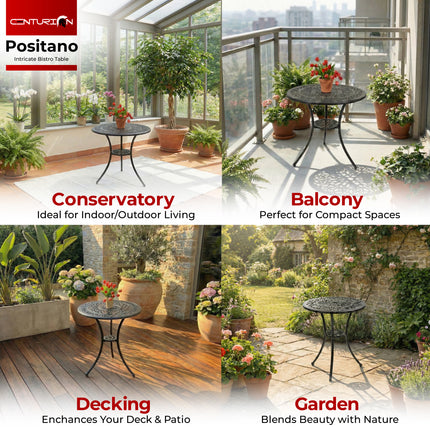 Centurion POSITANO Cast Aluminium Garden Bistro Table, Outdoor Patio Table, Round Garden Table with Parasol Hole, Victorian Outdoor Furniture for Balcony Terrace Conservatory in Black