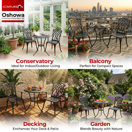 Centurion OSHOWA Luxurious Garden and Patio Table and 2 Large Chairs with Armrests Cast Aluminium Bistro Set - Black