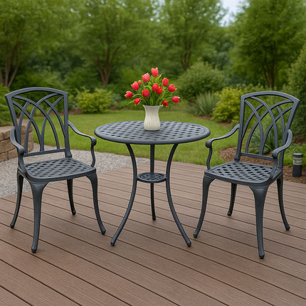 Centurion Supports OSHOWA Luxurious Garden and Patio Table and 2 Large Chairs with Armrests Cast Aluminium Bistro Set Grey