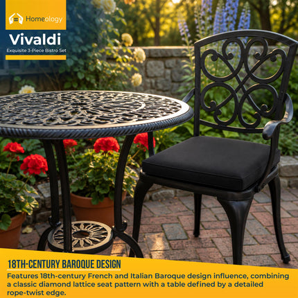 Homeology VIVALDI Black 3-Piece Cast Aluminium Garden Bistro Set - Rust-Proof Round Table with Parasol Hole & 2 Generously Sized Armchairs - with Black Cushions