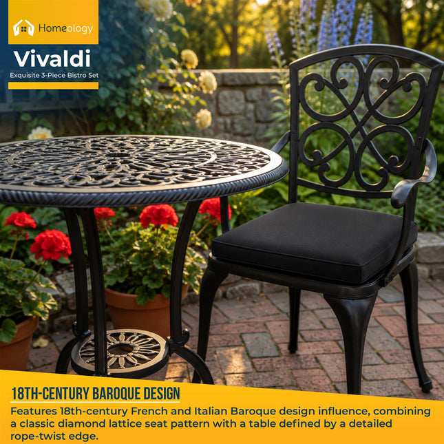 Homeology VIVALDI Black 3-Piece Cast Aluminium Garden Bistro Set - Rust-Proof Round Table with Parasol Hole & 2 Generously Sized Armchairs - with Black Cushions