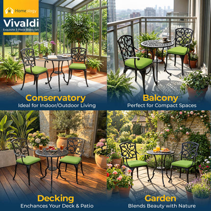 Homeology VIVALDI Black 3-Piece Cast Aluminium Garden Bistro Set - Rust-Proof Round Table with Parasol Hole & 2 Generously Sized Armchairs - with Green Cushions