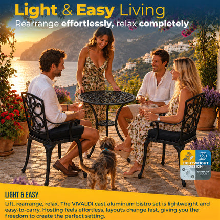 Homeology VIVALDI Black 5-Piece Cast Aluminium Garden Bistro Set - Rust-Proof Round Table with Parasol Hole & 4 Large Armchairs - with Black Cushions