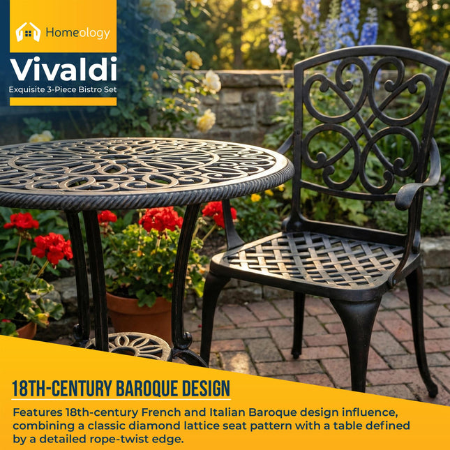 Homeology VIVALDI 3-Piece Cast Aluminium Garden Bistro Set- Rust-Proof Round Table with Parasol Hole & 2 Generously Sized Armchairs- Exquisite Baroque Design for Patio, Balcony & Conservatory (Black)