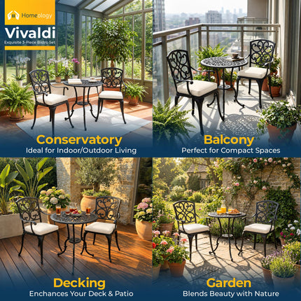 Homeology VIVALDI Black 3-Piece Cast Aluminium Garden Bistro Set - Rust-Proof Round Table with Parasol Hole & 2 Generously Sized Armchairs - with Cream Cushions