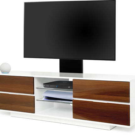 Centurion Supports Avitus Gloss White with 4 Walnut Drawers and 2 Glass Shelves up to 65" LED, LCD, Plasma TV Stand with Mounting Arm