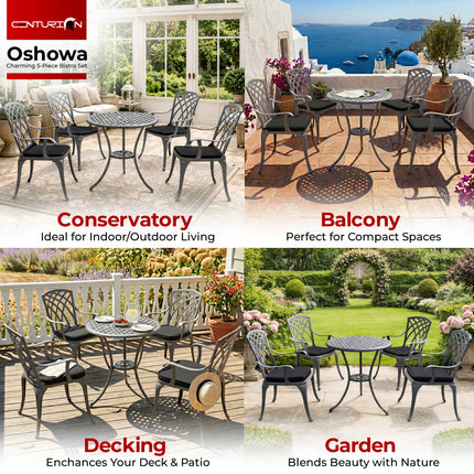 Centurion Supports OSHOWA Luxurious Garden and Patio Table and 4 Large Chairs with Armrests Cast Aluminium Bistro Set - Grey with Black Cushions