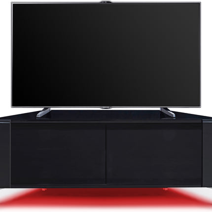 MDA Designs CORVUS Corner-Friendly Gloss Black Cabinet with Black BeamThru Glass Doors Suitable for Flat Screen TVs up to 50" with 16 Colour LED Lights