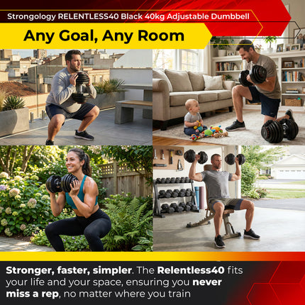 Strongology RELENTLESS40 Adjustable Smart Dumbbell Pair from 5kg to 40kg Home Fitness Training Weights in Black - Grade A