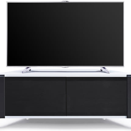 MDA Designs CORVUS Corner-Friendly Gloss White Contemporary Cabinet with Black Profiles Black BeamThru Glass Doors Suitable for Flat Screen TVs up to 50"