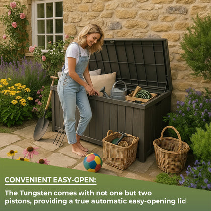 Centurion Supports TUNGSTEN 450 Litre 119 Gallon Waterproof Extra Large Lockable Easy-Open Garden Storage Box Outdoor Organiser in Grey