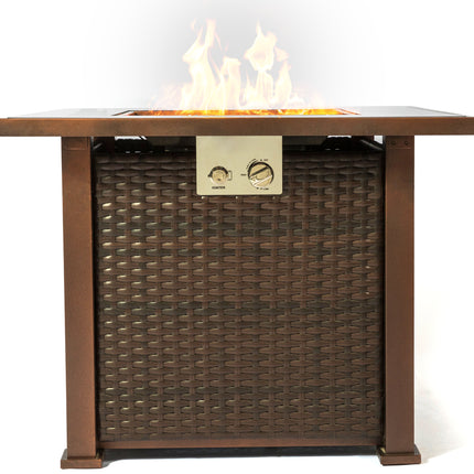 MDA Designs Ostara Stylish Wicker Garden and Patio Glass Tabletop Gas Fire Pit