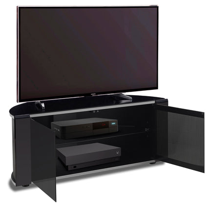 MDA Designs Sirius 850 Remote Friendly Beam Thru Glass Door Gloss Piano Black with Black Front Profiles & Silver Trim up to 40" LCD/Plasma/LED Cabinet TV Stand