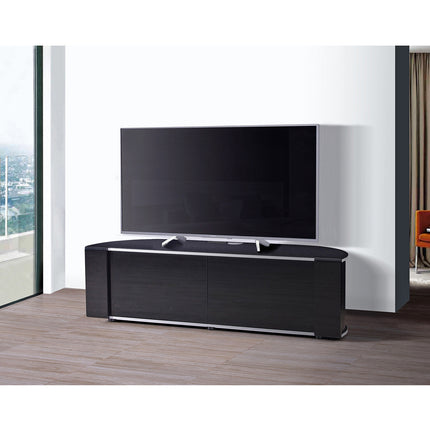 MDA Designs Sirius 1600 TV Cabinet Gloss Black Stand with BEAMTHRU Remote-Friendly Glass Door, Silver Trims, Cable Management and Storage for LED, LCD, OLED & Plasma TVs up to 70” TV Unit - Grade A
