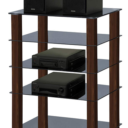 Centurion Supports TRINITY Gloss Black 5 Shelf with Walnut Legs Flat Screen TV Rack Glass Stand